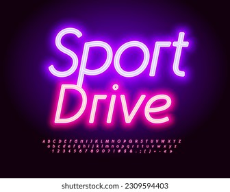 Vector glowing Emblem Sport Drive. Modern Bright Font. Neon Alphabet Letters and Numbers set