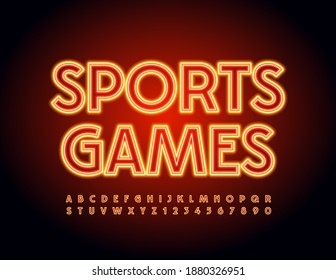 Vector glowing emblem Sports Games. Neon orange Font. Bright Alphabet Letters and Numbers set