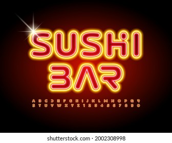 Emblema vectorial resplandeciente Sushi Bar. Tecno Neon Font. Luz brillante Montaje de letras y números de alfabeto
