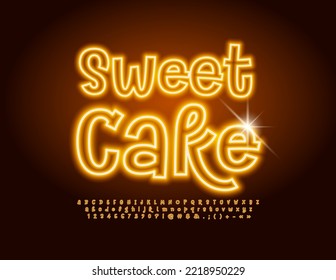 Vector glowing Emblem Sweet Cake. Funny Neon Font. Creative Alphabet Letters, Numbers and Symbols set. 