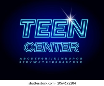 Vector Glowing Emblem Teen Center. Bright Blue Font. Neon Alphabet Letters And Numbers Set