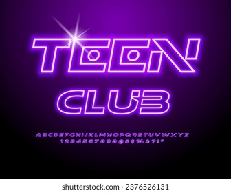 Vector glowing emblem Teen Club. Trendy Electric Font. Neon violet Alphabet Letters and Numbers set. 