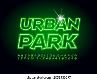 Vector glowing Emblem Urban Park. Neon Green Font, Electric light Alphabet Letters and Numbers set 