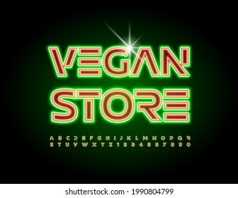 Vector glowing emblem Vegan Store. Illuminated Neon Font. Led Alphabet Letters and Numbers set