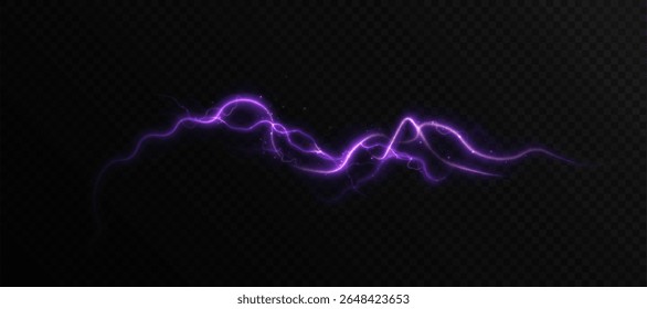 Onda de energia brilhante do vetor em tons roxos com faíscas e curvas dinâmicas no plano de fundo transparente. Perfeito para IU, magias, animações tecnológicas, efeitos de ficção científica e visuais de movimento.