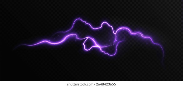 Onda de energia brilhante do vetor em tons roxos com faíscas e curvas dinâmicas no plano de fundo transparente. Perfeito para IU, magias, animações tecnológicas, efeitos de ficção científica e visuais de movimento.