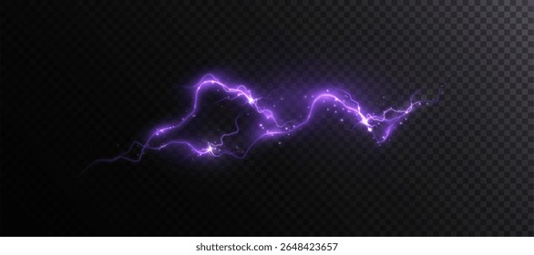 Onda de energia brilhante do vetor em tons roxos com faíscas e curvas dinâmicas no plano de fundo transparente. Perfeito para IU, magias, animações tecnológicas, efeitos de ficção científica e visuais de movimento.