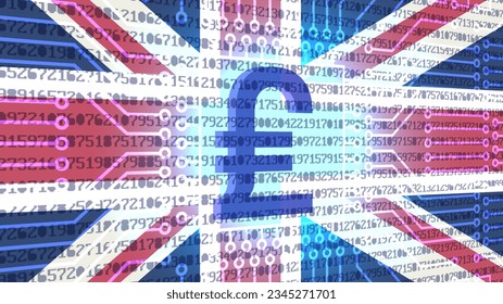 Vector glowing fintech poster. 3D digital pound symbol on the background of the GB flag and a computer chip with pixel numbers.