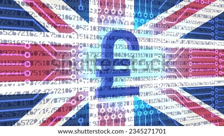 Vector glowing fintech poster. 3D digital pound symbol on the background of the GB flag and a computer chip with pixel numbers.