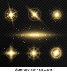 Vector glowing flare collection. Sun flash, magic explosion set for poster, banner, print advertisement design on dark transparent background