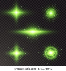 Vector glowing flare lens collection Sun flash magic explosion set bokeh element for poster banner print advertisement design on dark transparent background Glittering particle poisonous green colored