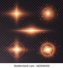Vector glowing flare lens collection Sun flash magic explosion set bokeh element for poster banner print advertisement design on dark transparent background Glittering particle poisonous green colored