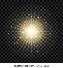 Vector glowing flare, lens. Sun flash, magic explosion , bokeh element for poster, banner, print advertisement design on dark transparent background. Glittering particle.