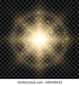 Vector glowing flare, lens. Sun flash, magic explosion , bokeh element for poster, banner, print advertisement design on dark transparent background. Glittering particle.