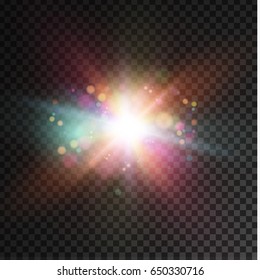 Vector glowing flare, lens. Sun flash, magic explosion , bokeh element for poster, banner, print advertisement design on dark transparent background. Glittering particle.