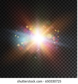 Vector glowing flare, lens. Sun flash, magic explosion , bokeh element for poster, banner, print advertisement design on dark transparent background. Glittering particle.