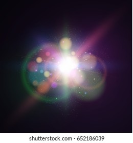 Vector glowing flare, lens. Sun flash, magic explosion , bokeh element for poster, banner, print advertisement design on dark transparent background. Glittering particle.