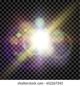 Vector glowing flare, lens. Sun flash, magic explosion , bokeh element for poster, banner, print advertisement design on dark transparent background. Glittering particle.
