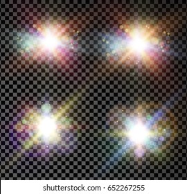 Vector glowing flare, lens. Sun flash, magic explosion , bokeh element for poster, banner, print advertisement design on dark transparent background. Glittering particle.
