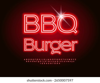 Vector Glowing flyer BBQ Burger. Red Neon Font. Led Light Alphabet Letters and Numbers. 