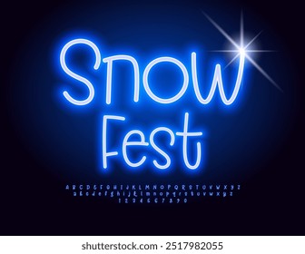 Vector Glowing flyer Snow Fest. Blue Neon Font. Funny Electric Alphabet Letters and Numbers set.