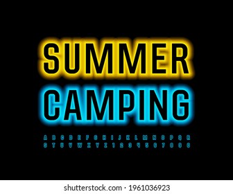 Verano Campamento de volante brillante vectorial. Fuente azul brillante. Letras y números de los alfabetos neones