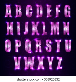 vector glowing font with swirls on dark purple background. EPS