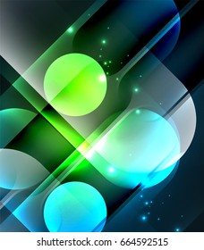 Vector glowing geometric shapes - round elements and circles on dark background