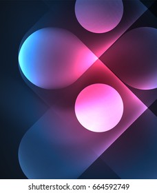 Vector glowing geometric shapes - round elements and circles on dark background