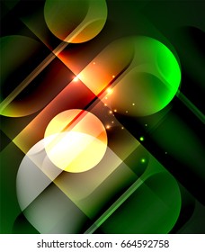 Formas geométricas brillantes del vector - elementos redondos y círculos sobre fondo oscuro
