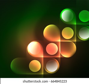 Vector glowing geometric shapes - round elements and circles on dark background