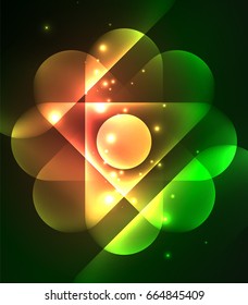Vector glowing geometric shapes - round elements and circles on dark background