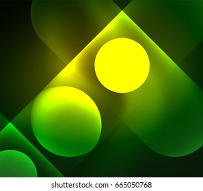 Formas geométricas brillantes del vector - elementos redondos y círculos sobre fondo oscuro
