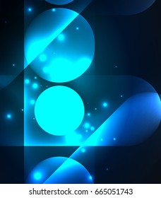 Vector glowing geometric shapes - round elements and circles on dark background