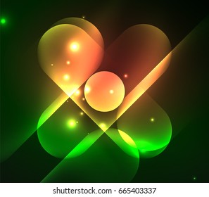 Vector glowing geometric shapes - round elements and circles on dark background