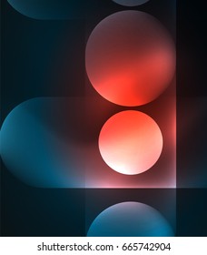 Vector glowing geometric shapes - round elements and circles on dark background