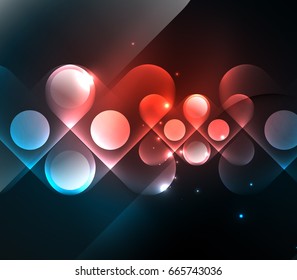 Vector glowing geometric shapes - round elements and circles on dark background