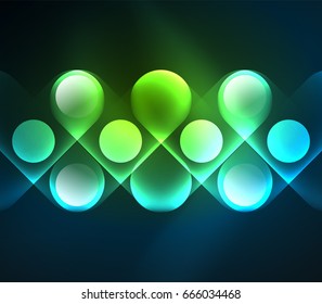 Formas geométricas brillantes del vector - elementos redondos y círculos sobre fondo oscuro