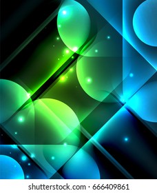 Formas geométricas com brilho vetorial - elementos e círculos redondos em plano de fundo escuro