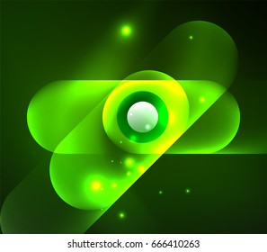 Formas geométricas brillantes del vector - elementos redondos y círculos sobre fondo oscuro