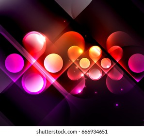 Vector glowing geometric shapes - round elements and circles on dark background