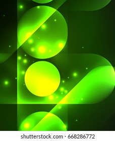 Vector glowing geometric shapes - round elements and circles on dark background