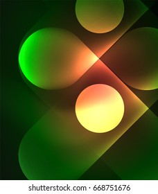 Vector glowing geometric shapes - round elements and circles on dark background