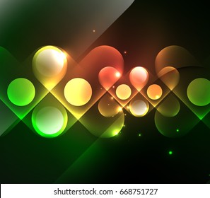 Vector glowing geometric shapes - round elements and circles on dark background