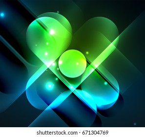 Vector glowing geometric shapes - round elements and circles on dark background