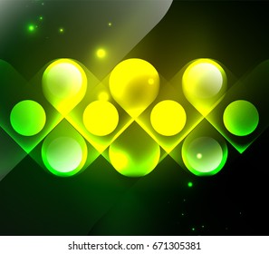Vector glowing geometric shapes - round elements and circles on dark background