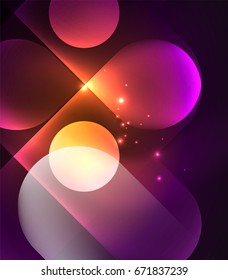Vector glowing geometric shapes - round elements and circles on dark background