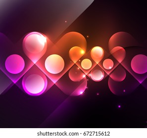 Vector glowing geometric shapes - round elements and circles on dark background