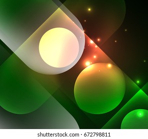 Formas geométricas brillantes del vector - elementos redondos y círculos sobre fondo oscuro