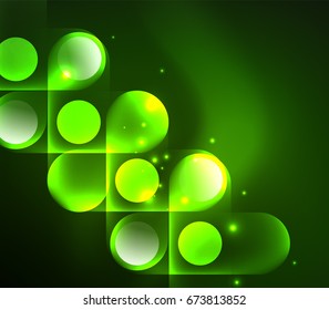 Formas geométricas brillantes del vector - elementos redondos y círculos sobre fondo oscuro
